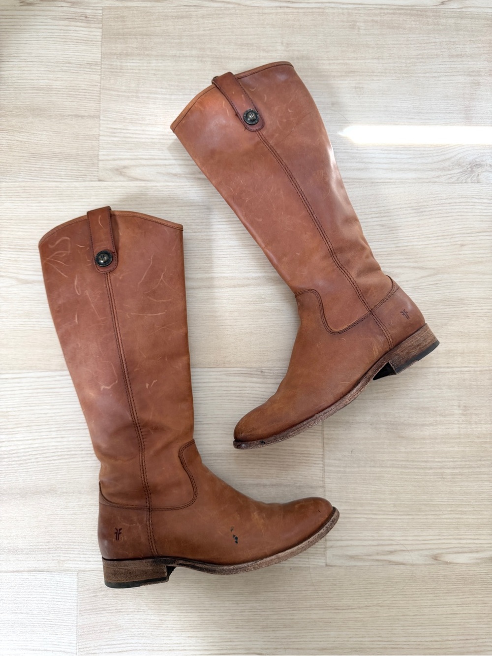FRYE Melissa lug button tall riding boots cognac brown leather / size 5.5
